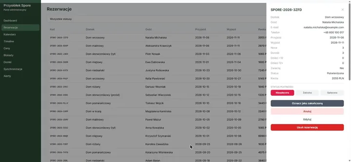 A reservation list with a detail panel open, showing the guest's name and contact details, arrival and departure dates, number of guests, amount due, and controls to change payment and booking status.