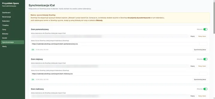 The iCal synchronisation dashboard - each cottage has an outbound calendar feed and an inbound SlowHop link, an active toggle, and a green OK status with the time of the last successful sync. The outbound feed URLs are deliberately blurred.