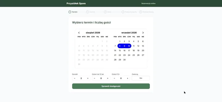 The public booking form - a two-month calendar with a three-night stay selected, and steppers for the number of adults, older and younger children, and whether a pet is coming.