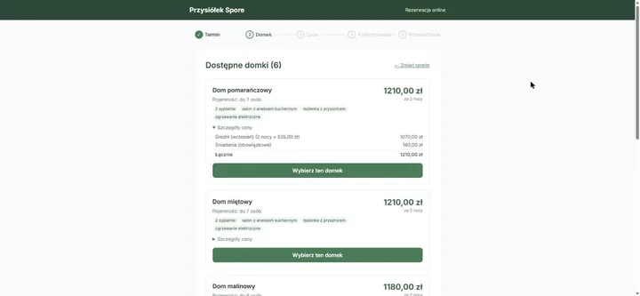 The public booking form showing six cottages available for the chosen dates, each with its capacity, features, total price, and an expandable breakdown of the nightly rate and the mandatory breakfast charge.